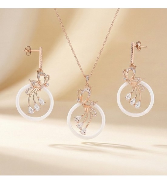 Butterfly Bloom Necklace & Earrings Set – Rose Gold Finish with Zircon Stones