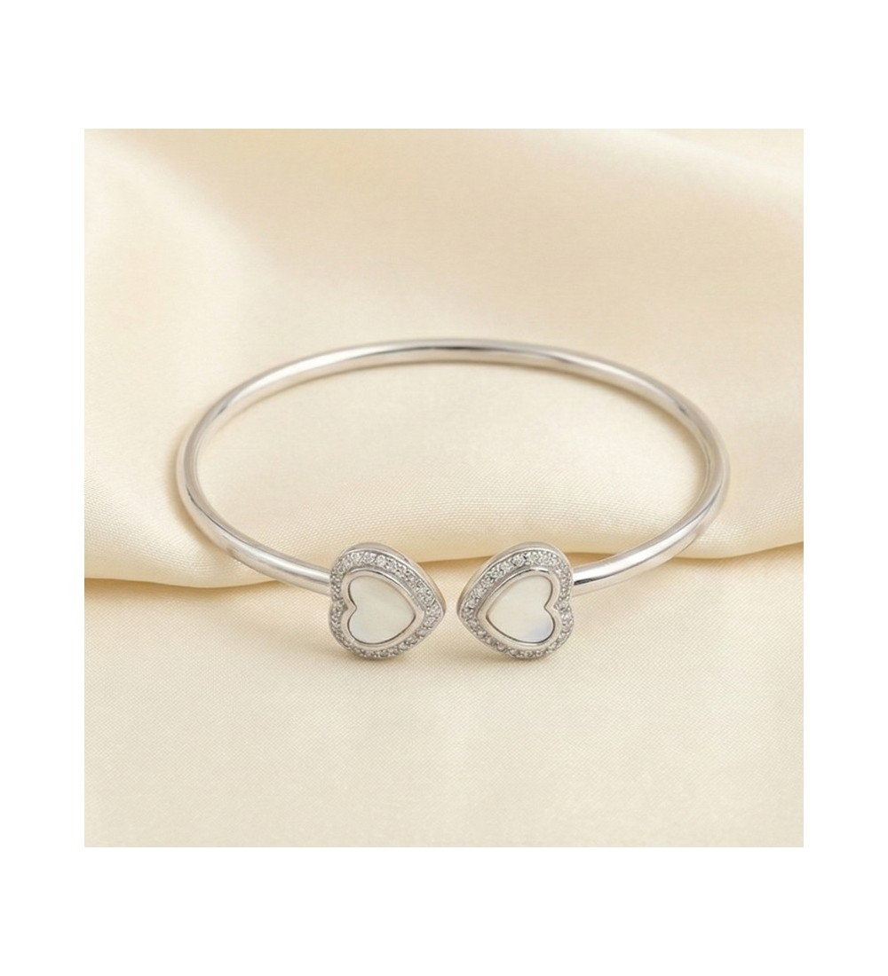 Eternal Hearts Bangle – Silver Open Cuff with Double Heart Accents