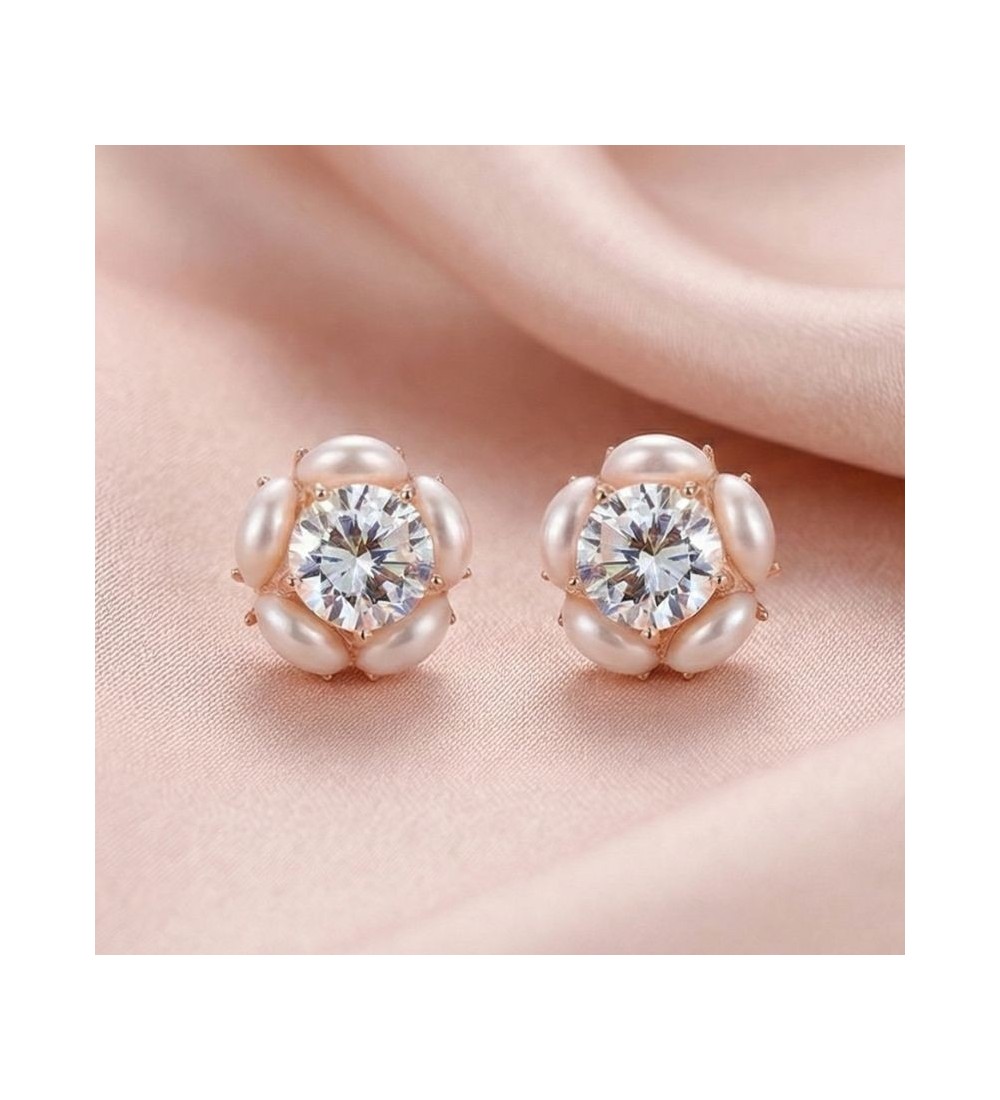 Silver & Rose Gold Pearl Halo Earrings – Elegant Zirconia and Pearl Studs
