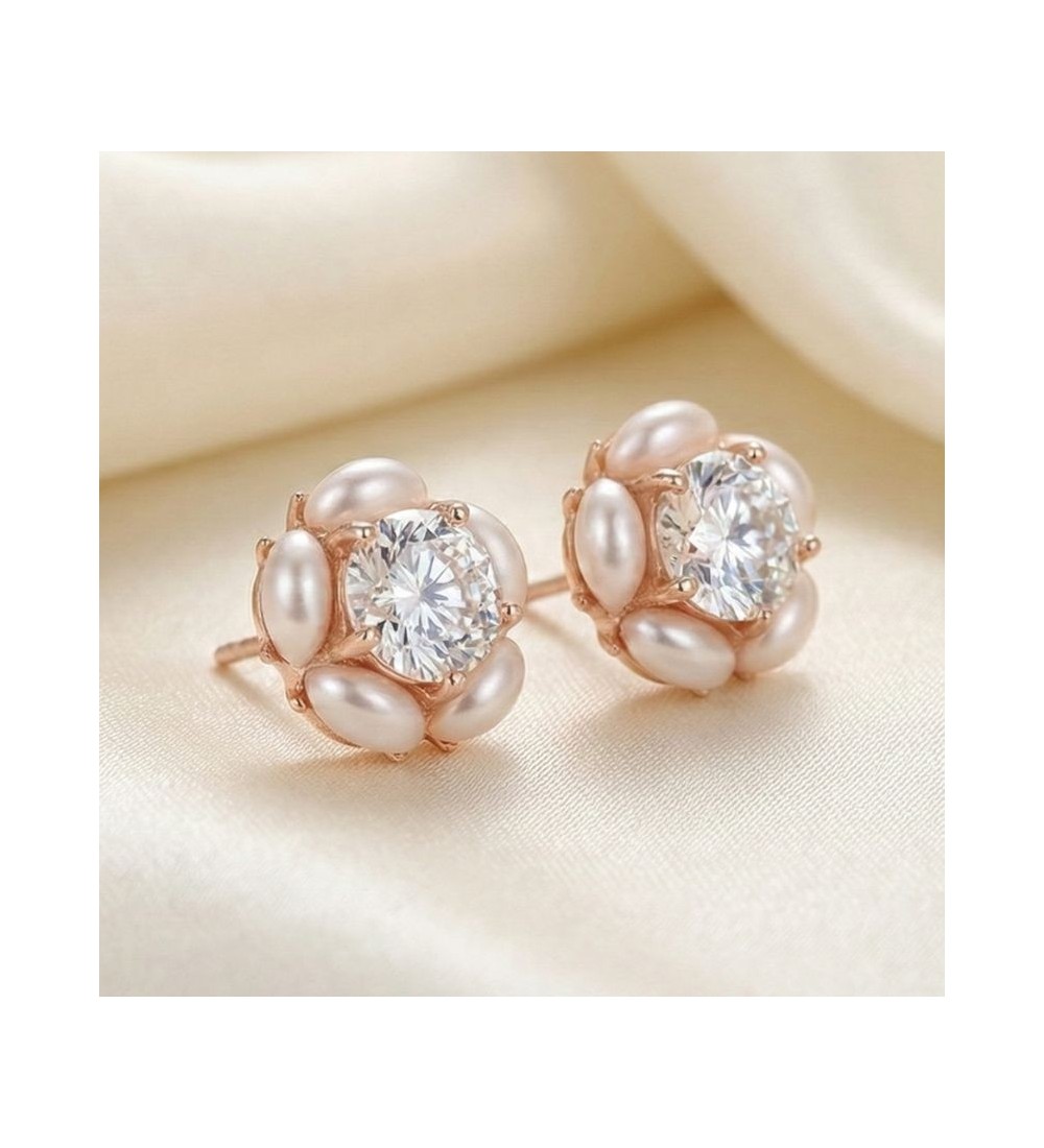 Silver & Rose Gold Pearl Halo Earrings – Elegant Zirconia and Pearl Studs