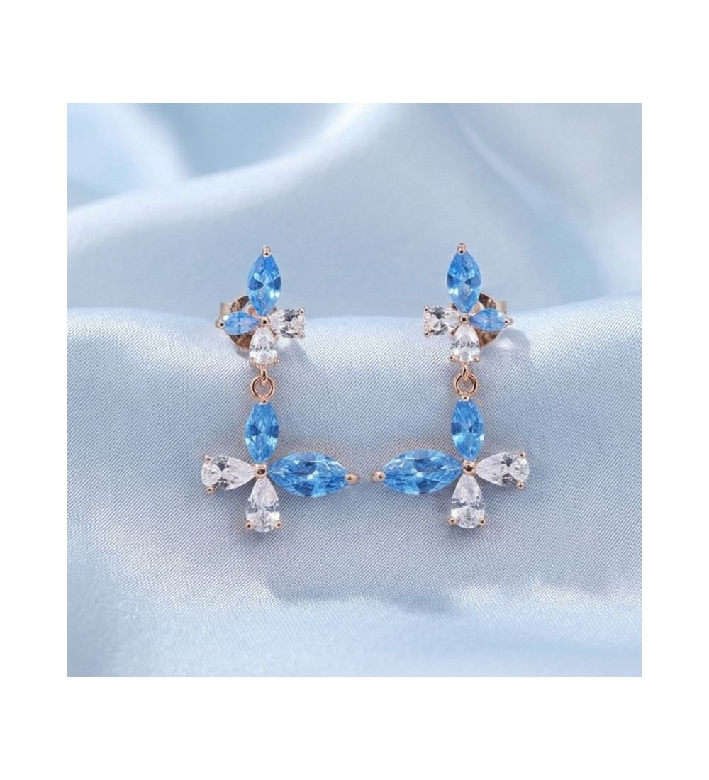 Blue Blossom Drop Earrings – Silver & Rose Gold | Blue Gemstone Floral Drop Earrings