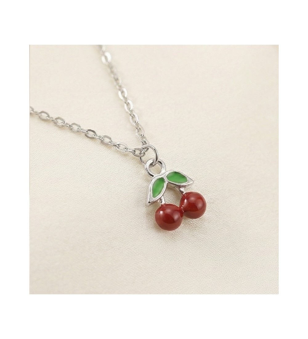 925 Sterling Silver Cherry Pendant Necklace – Dainty Red Fruit Charm with Green Enamel Leaves – Whimsical Nature-Inspired Jewelr