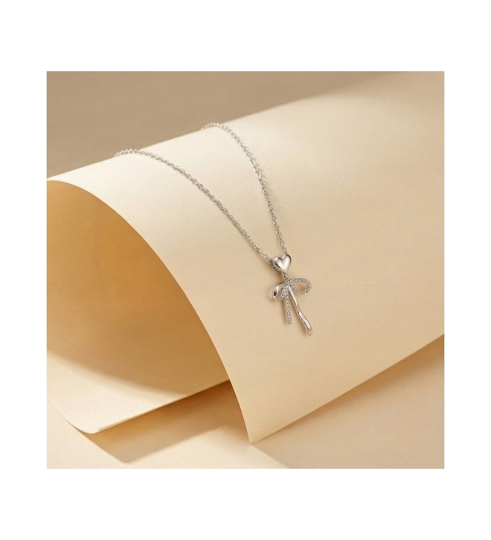 925 Sterling Silver Heart Bow Necklace – Rose Gold Bow Pendant with Sparkling Zirconia – Romantic Ribbon Jewelry Gift for Women