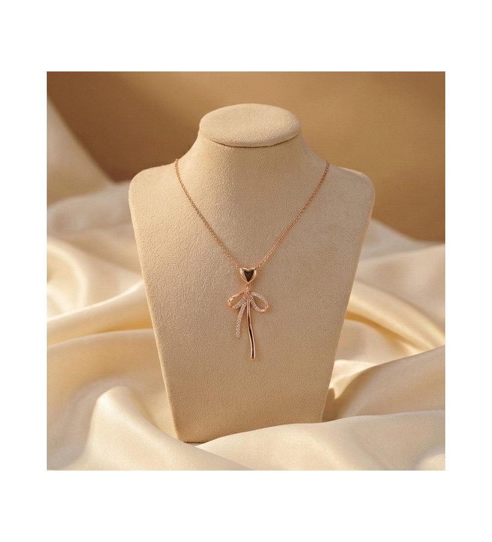 925 Sterling Silver Heart Bow Necklace – Rose Gold Bow Pendant with Sparkling Zirconia – Romantic Ribbon Jewelry Gift for Women