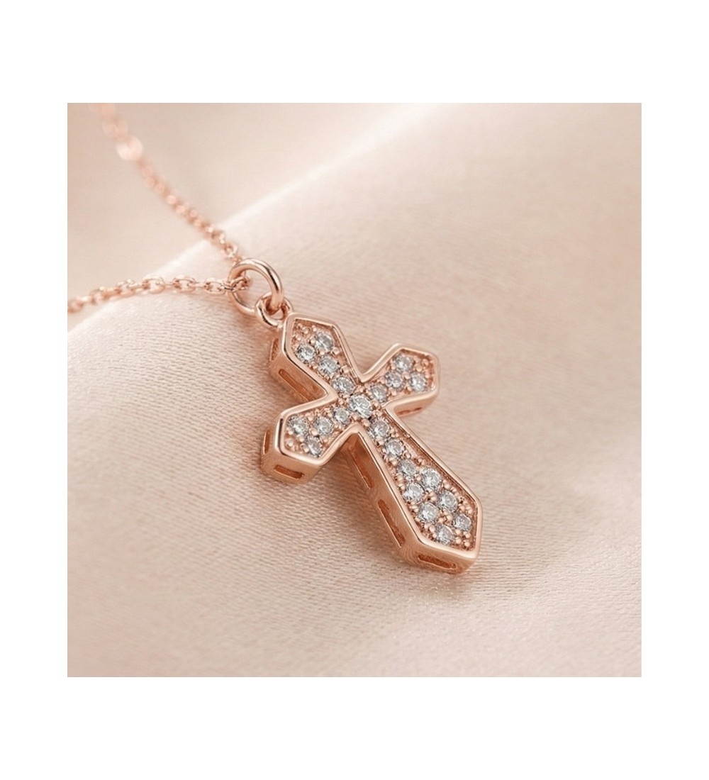 925 Sterling Silver Cross Necklace – Radiant Rose Gold Faith Pendant with Sparkling Zirconia