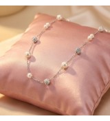 925 Sterling Silver Pearl Station Necklace – Dainty Silver Chain with Pavé CZ Beads – Elegant Bridal and Everyday Layering Jewe