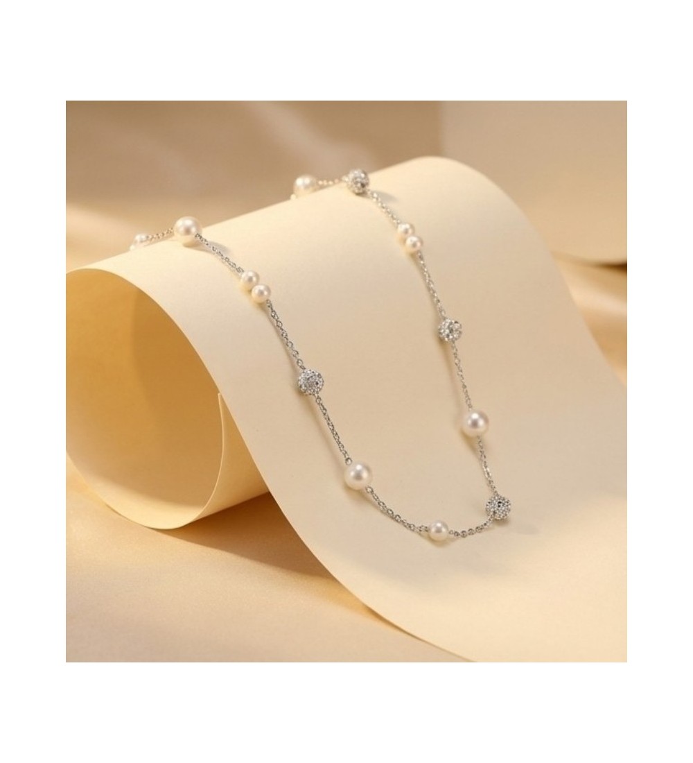 925 Sterling Silver Pearl Station Necklace – Dainty Silver Chain with Pavé CZ Beads – Elegant Bridal and Everyday Layering Jewe