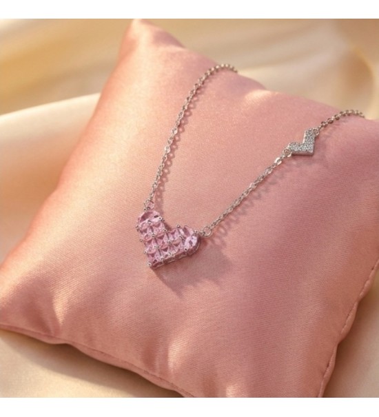 Rose Gold Pink Heart Necklace – Sparkling Pavé Crystal Heart Pendant – Romantic Zirconia Side-Heart Jewelry Gift for Her