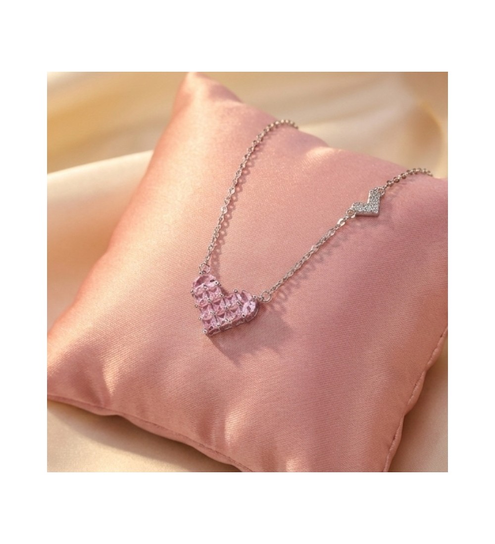 Rose Gold Pink Heart Necklace – Sparkling Pavé Crystal Heart Pendant – Romantic Zirconia Side-Heart Jewelry Gift for Her