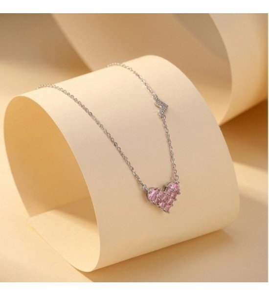 Rose Gold Pink Heart Necklace – Sparkling Pavé Crystal Heart Pendant – Romantic Zirconia Side-Heart Jewelry Gift for Her