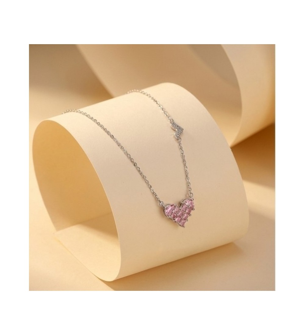 Rose Gold Pink Heart Necklace – Sparkling Pavé Crystal Heart Pendant – Romantic Zirconia Side-Heart Jewelry Gift for Her