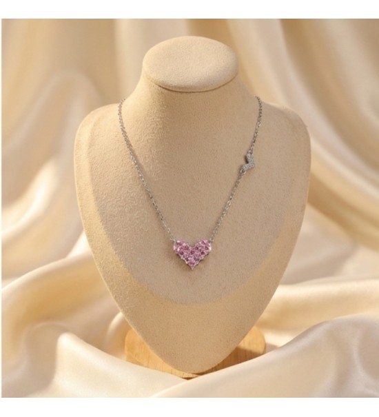 Rose Gold Pink Heart Necklace – Sparkling Pavé Crystal Heart Pendant – Romantic Zirconia Side-Heart Jewelry Gift for Her