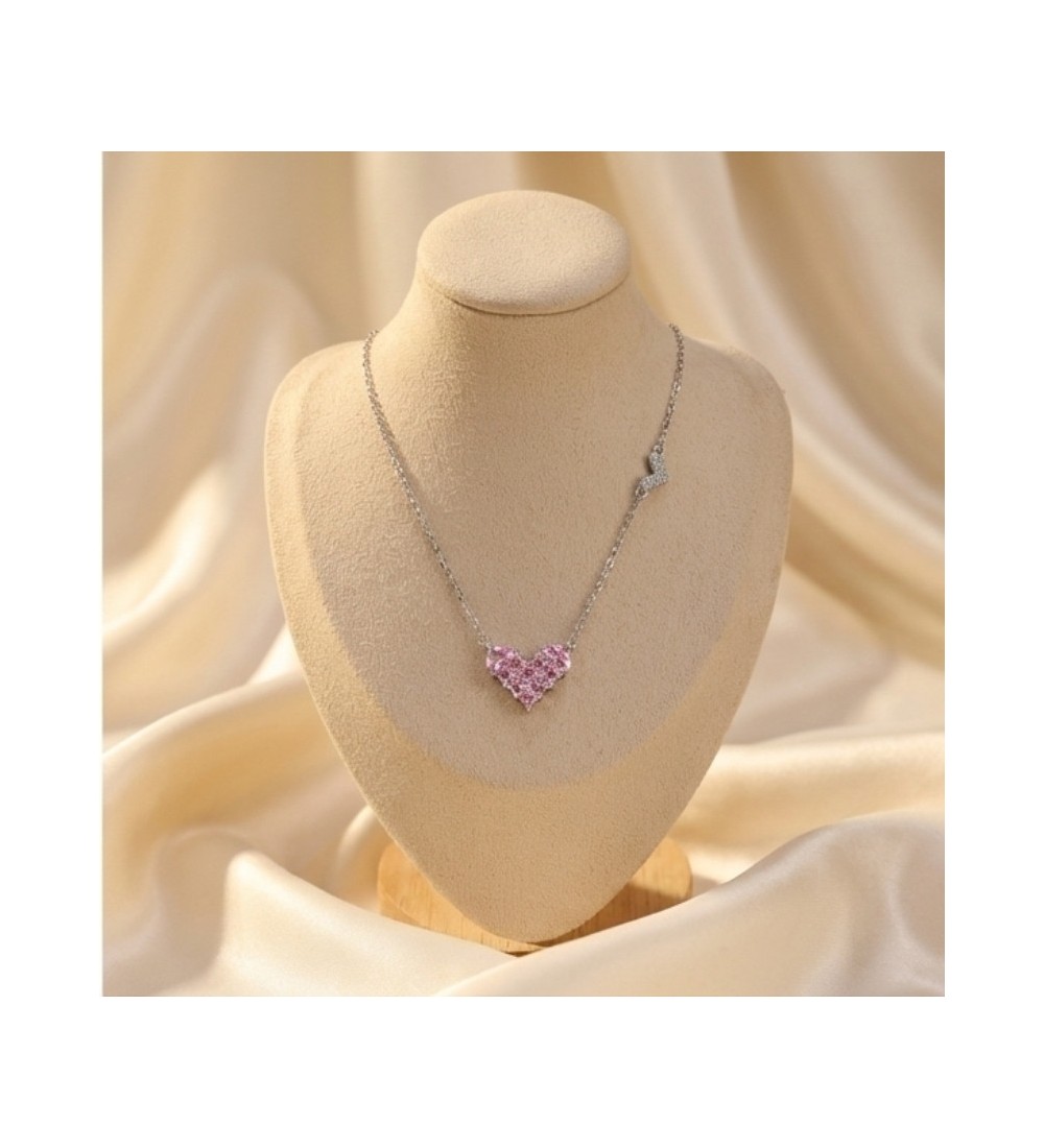 Rose Gold Pink Heart Necklace – Sparkling Pavé Crystal Heart Pendant – Romantic Zirconia Side-Heart Jewelry Gift for Her