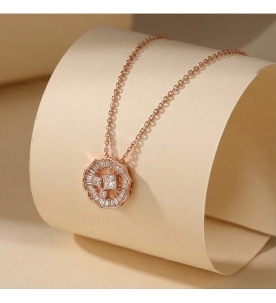 925 Sterling Silver Scalloped Medallion Necklace – Rose Gold Geometric Pendant with Baguette Zirconia – Art Deco Style Jewelry f