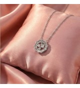 925 Sterling Silver Scalloped Medallion Necklace – Rose Gold Geometric Pendant with Baguette Zirconia – Art Deco Style Jewelry f